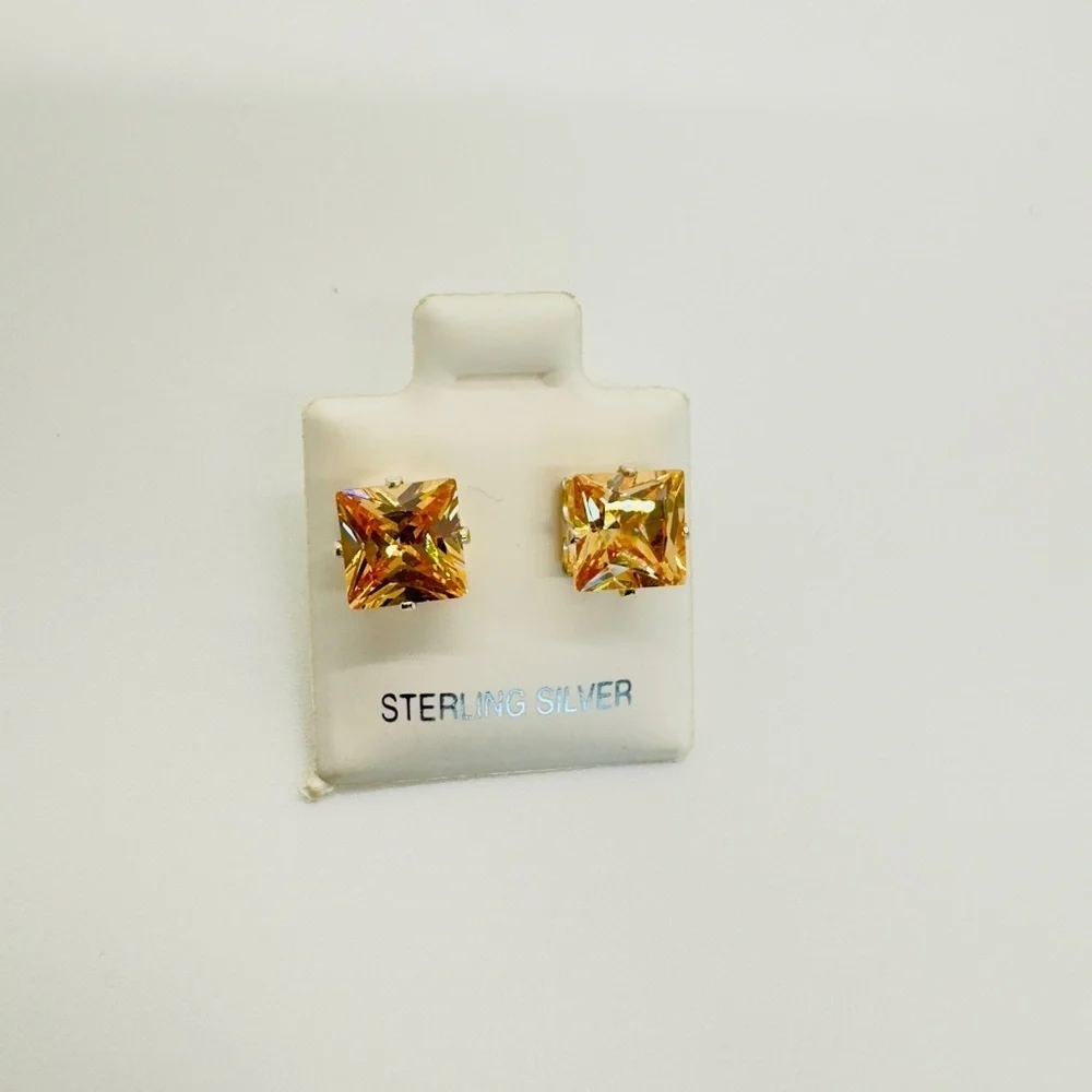 Brand New 7mm Peachy Yellow Square CZ 925 Sterling Silver Earrings